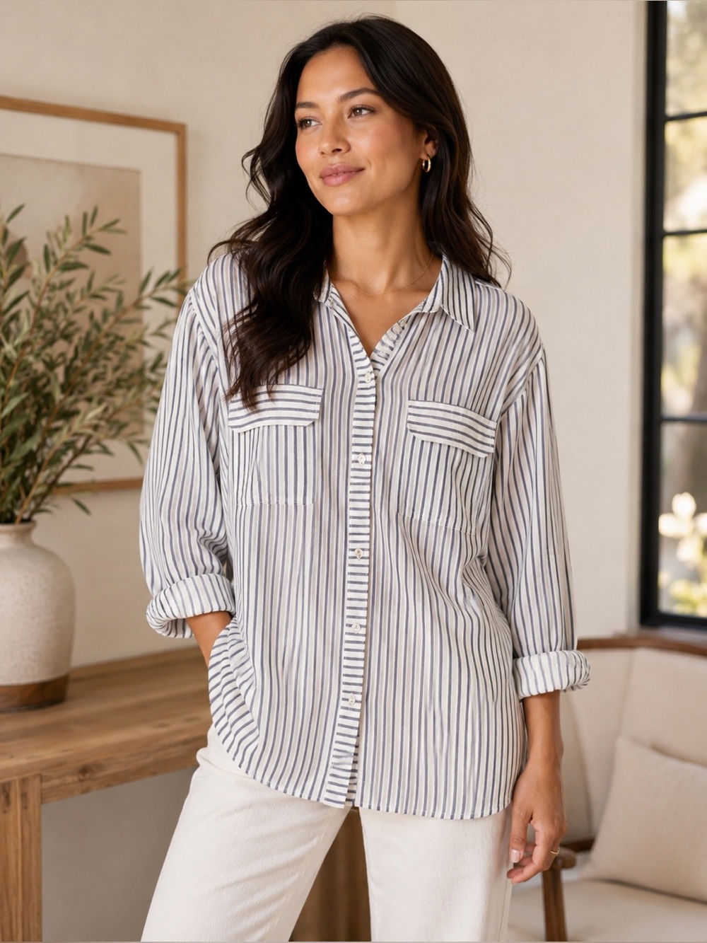 J.Jill Striped Button Front Tunic Shirt‎ 100% Rayon Long Sleeve Roll Tab XL